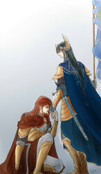 2boys amputee armor banner black_hair blue_cape braid cape cousins elf fingon flag gold_armor hair_ornament highres holding holding_banner holding_hands king kneeling long_hair looking_at_another looking_down maedhros male_focus mintkim multiple_boys nostrils pointy_ears prince profile red_cape red_hair simple_background standing sword the_silmarillion tolkien&#039;s_legendarium warrior weapon