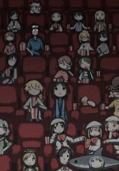 Rule 34 | 2boys, 6+girls, black hair, blonde hair, character request, chito (shoujo shuumatsu ryokou), copyright request, drinking, drinking straw, drinking straw in mouth, egg, food, glasses, hat, highres, indoors, ishii (shoujo shuumatsu ryokou), juice box, kanazawa (shoujo shuumatsu ryokou), leoleonardk10, long hair, mogawa (shimeji simulation), movie theater, multiple boys, multiple girls, nuko (shoujo shuumatsu ryokou), octopus girl (tsukumizu yuu), popcorn, red-framed eyewear, shark girl (tsukumizu yuu), shimeji simulation, shoujo shuumatsu ryokou, sitting, sumida (shimeji simulation), tsukishima mina, tsukishima shijima, white headwear, yamashita majime, yomikawa (shimeji simulation), yuuri (shoujo shuumatsu ryokou)