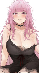 1girl absurdres armpit_crease black_choker black_nightgown blush breasts choker cleavage collarbone commentary highres hololive hololive_english huge_breasts lace-trimmed_nightgown long_hair looking_at_viewer messy_hair mori_calliope nightgown parted_lips pink_eyes pink_hair pink_lips red_ribbon ribbon simple_background sitting skull_choker smile solo strap_slip thighs virtual_youtuber white_background yamanoko_19517