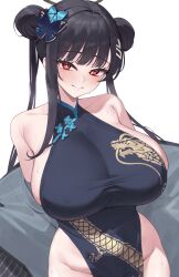 1girl alternate_hairstyle bare_shoulders black_dress black_hair black_halo blue_archive blush breasts bright_pupils butterfly_hair_ornament china_dress chinese_clothes closed_mouth collarbone commentary_request cosplay double_bun dragon_print dress hair_bun hair_ornament halo highres huge_breasts jacket kisaki_(blue_archive) kisaki_(blue_archive)_(cosplay) kuavera long_hair looking_at_viewer open_clothes open_jacket pelvic_curtain print_dress red_eyes rio_(blue_archive) simple_background sleeveless sleeveless_dress solo sweat twintails white_background white_pupils