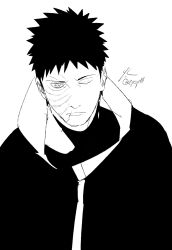 Rule 34 | 1boy, black coat, black hair, closed mouth, coat, greyscale, highres, looking at viewer, male focus, monochrome, naruto (series), naruto shippuuden, ninja, one eye closed, sharingan, short hair, simple background, solo, spiked hair, uchiha obito, white background, zifletts