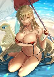1girl absurdres beach beach_towel beach_umbrella bikini blonde_hair breasts cleavage commission commissioner_upload dark-skinned_female dark_skin fire_emblem fire_emblem:_the_binding_blade highres igrene_(fire_emblem) iria_(yumeirokingyo) large_breasts long_hair looking_at_viewer mole mole_under_eye nintendo nipple_slip nipples non-web_source red_bikini skeb_commission smile swimsuit tanning_oil thighs towel umbrella wet wet_hair yellow_eyes