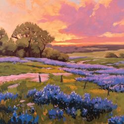 blue_flower bush cloud cloudy_sky commentary dusk english_commentary flower grass highres jimmusilpainter nature original outdoors painting_(medium) pink_clouds plant scenery sky traditional_media tree