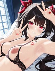 1girl arms_up bed bed_sheet black_bra black_hair blush bow bra breasts chest_tattoo collarbone commentary cupless_bra curtains day double-parted_bangs english_commentary eyelashes fingernails flower_tattoo grin hair_bow hair_intakes hair_spread_out headboard highres honkai:_star_rail honkai_(series) indoors lace lace_bra large_breasts lewd_chan long_hair looking_at_viewer lying nail_polish nipples no_shirt on_back on_bed pillow red_bow red_eyes red_nails smile solo sparkle_(honkai:_star_rail) steam steaming_body sweat tattoo twintails underwear upper_body variant_set window