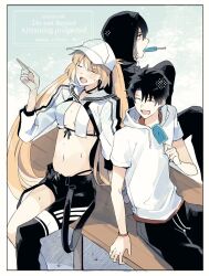 1girl 2boys artoria_caster_(fate) artoria_caster_(swimsuit_berserker)_(fate) artoria_caster_(swimsuit_berserker)_(first_ascension)_(fate) artoria_pendragon_(fate) asymmetrical_pants baseball_cap bikini black_hair black_hoodie black_pants blonde_hair closed_eyes fate/grand_order fate_(series) food food_in_mouth fujimaru_ritsuka_(male) hat highres holding holding_food holding_popsicle hood hoodie long_hair long_sleeves multiple_boys navel oberon_(fate) oberon_(moody_summer_oberon)_(fate) oberon_(third_ascension)_(fate) open_mouth pants popsicle popsicle_in_mouth sekken88 short_hair short_sleeves shrug_(clothing) sitting swimsuit twintails very_long_hair watermark white_bikini white_hat white_hoodie white_shrug