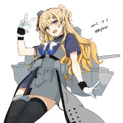 1girl absurdres adapted_turret apron bigkwl black_thighhighs blonde_hair breasts cannon dated grey_apron grey_eyes grey_overskirt hair_between_eyes hair_ornament hairclip highres kantai_collection large_breasts long_hair long_necktie looking_at_viewer machinery minneapolis_(kancolle) pleated_skirt rigging ship_turret shirt skirt smile solo thighhighs two-tone_gloves two_side_up wavy_hair white_background