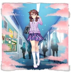 1girl adjusting_hair alternate_costume bag bag_charm bow_legwear brown_eyes brown_hair bulletin_board buttons cardigan charm_(object) collared_shirt crowd fog full_body game_cg glasses hallway highres indoors kneehighs legs long_sleeves low_twintails messy_hair no_headwear official_art open_mouth panda plaid_clothes plaid_skirt pleated_skirt poster_(object) purple_skirt purple_sweater quimbaya_airplane red-framed_eyewear rotte_(1109) school_bag school_uniform semi-rimless_eyewear shirt shoes short_twintails skirt socks solo solo_focus sweater thighs third-party_source touhou touhou_lostword transparent_background twintails under-rim_eyewear usami_sumireko usami_sumireko_(psychic_higashifukami_high_school_student) uwabaki walking white_shirt white_shoes white_socks