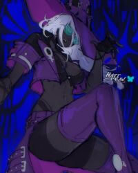 1girl ass boots breasts cleavage cosplay dark-skinned_female dark_skin elden_ring elden_ring_nightreign fingerless_gloves gloves guilty_gear guilty_gear_strive hat hatidraw highres i-no large_breasts looking_at_viewer navel recluse_(elden_ring) solo sunglasses thigh_boots venus_symbol very_dark_skin witch_hat