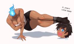 Rule 34 | 1girl, baki one-hand push-up (meme), bare shoulders, black hair, black shorts, black socks, blue eyes, blue fire, blush, dark-skinned female, dark skin, disembodied head, dullahan, english text, fire, full body, highres, kivo, meme, open mouth, original, shorts, simple background, socks, solo, tank top, white background, white tank top