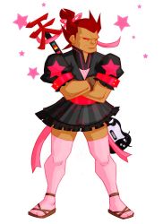 1990s_(style) 1boy akuma_(street_fighter) capcom controller crossdressing crossed_arms game_controller guitar_hero magical_girl male_focus muscular pink_thighhighs retro_artstyle sandals serious skirt solo street_fighter street_fighter_ii_(series) thighhighs zettai_ryouiki