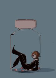 1boy black_eyes black_gloves black_suit black_vest bottle brown_hair bungou_stray_dogs collared_shirt drugs elbows_on_ground formal_clothes from_side full_body gloves highres kicking leaning_back leaning_on_self leg_up low_ponytail male_focus mini_person miniboy nakahara_chuuya_(bungou_stray_dogs) pikpip pill plastic_bottle ponytail shirt short_hair solo suit trapped vest white_shirt
