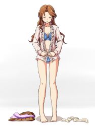 1girl barefoot blue_bra blue_panties blush bra breasts brown_hair closed_eyes collared_shirt commentary_request crotch_seam facing_viewer frilled_shirt frills frown full_body highres idolmaster idolmaster_cinderella_girls kawashima_mizuki lielos long_hair long_sleeves medium_breasts navel no_pants open_clothes open_shirt panties pantyhose parted_lips partial_commentary partially_unbuttoned shadow shirt skirt solo standing striped_clothes striped_shirt unbuttoning underwear undressing unworn_pantyhose unworn_skirt vertical-striped_clothes vertical-striped_shirt white_background