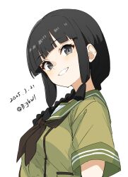 1girl absurdres bigkwl black_hair black_neckerchief blunt_bangs braid breasts dated green_serafuku grey_eyes hair_over_shoulder highres kantai_collection kitakami_(kancolle) long_hair medium_breasts neckerchief school_uniform serafuku short_sleeves single_braid solo upper_body white_background