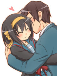 1boy 1girl black_hair brown_hair cardigan couple closed_eyes hairband hetero hug kiss kyon school_uniform serafuku short_hair suzumiya_haruhi suzumiya_haruhi_no_yuuutsu taiki_(6240taiki)