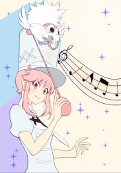 1girl baton bib blue_hat blush bone breasts collared_dress dress female_focus hat highres jakuzure_nonon keety81 kill_la_kill lips looking_at_viewer looking_to_the_side musical_note musical_staff necktie pink_eyes pink_hair puffy_short_sleeves puffy_sleeves raised_eyebrows shako_cap short_hair short_necktie short_sleeves sidelocks skull small_breasts solo sparkle tareme teeth white_necktie