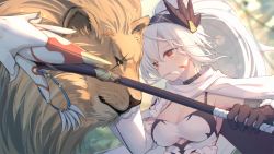 1girl artist_request black_choker black_gloves breasts camisole choker cleavage detached_sleeves feather_hair_ornament feathers fur_trim game_cg gawana_(soul_tide) gloves hair_ornament hair_over_mouth head_tilt headband high_ponytail highres holding holding_staff holding_weapon jewelry lion looking_at_another medium_breasts necklace official_art ponytail red_eyes scar scarf sleeveless soul_tide staff tooth_necklace tribal weapon white_hair