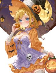 1girl absurdres bandaged_wrist bandages black_hat blonde_hair blue_eyes blush breasts bucket collarbone commentary_request dress earrings food food-themed_earrings food_themed_earrings fruit grin halloween halloween_bucket hat highres holding holding_bucket holding_pumpkin iwato_(celler) jack-o&#039;-lantern jewelry looking_at_viewer medium_breasts orange_(fruit) orange_scrunchie orange_slice original pumpkin pumpkin_earrings purple_dress scrunchie short_hair skull smile solo thigh_scrunchie thighhighs witch witch_hat