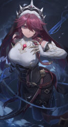 Rule 34 | 1girl, absurdres, bare shoulders, belt buckle, black pantyhose, boots, breasts, buckle, commentary, crown, elbow gloves, english commentary, fishnets, free style (yohan1754), full body, gauntlets, genshin impact, gloves, hair over one eye, highres, large breasts, looking to the side, pantyhose, pelvic curtain, red eyes, red hair, rosaria (genshin impact), sidelocks, solo, thigh strap, veil, white gloves