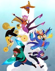 2girls 3boys arm_blade armor bag baymax big_hero_6 black_hair blonde_hair brown_hair costume disney dreadlocks fred_(big_hero_6) gogo_tomago gurihiru headband highres hiro_hamada honey_lemon marvel multiple_boys multiple_girls power_armor robot signature visor wasabi-no-ginger weapon