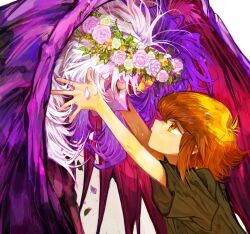 1boy 1other aged_down black_shirt blue_hair brown_eyes brown_hair closed_eyes demon_girl demon_wings duel_monster facial_mark falling_petals head_wreath monster_girl multicolored_hair petals shirt spi_77 white_hair wings yu-gi-oh! yu-gi-oh!_gx yubel yuki_judai