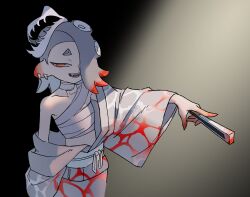 1girl bandaged_chest bandaged_neck bandages black_background breasts cephalopod_eyes collarbone commentary_request earrings fangs gradient_background gradient_hair grey_hair grey_kimono hair_over_one_eye hand_fan highres holding holding_fan horizontal_pupils japanese_clothes jewelry jounetsu_(jonetunoaoitako) kimono looking_at_viewer medium_hair midriff multicolored_hair multiple_earrings nintendo octoling off_shoulder one_eye_covered open_mouth print_kimono prototype_design red_eyes red_hair shiver_(splatoon) shiver_(unused_grand_festival_kimono)_(splatoon) single_bare_shoulder skull_on_head small_breasts smile solo splatoon_(series) splatoon_3 suction_cups tentacle_hair tooth_earrings two-tone_background two-tone_hair upper_body yellow_background