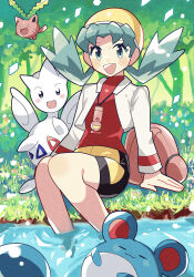 1girl :d anidler91 arm_support bag blue_eyes blue_hair blush blush_stickers commentary_request creatures_(company) forest game_freak gen_2_pokemon hat highres hoppip jacket kris_(pokemon) long_hair long_sleeves looking_at_viewer marill nature nintendo open_clothes open_jacket open_mouth pokemon pokemon_(creature) pokemon_gsc red_shirt shirt shorts sitting smile soaking_feet solo_focus togetic tree twintails white_jacket yellow_hat yellow_shorts