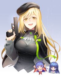 3girls :t absurdres anger_vein arms_up ascot beret black_cape black_dress black_hat blonde_hair blue_hair bow bowtie cape channu chibi chibi_inset clenched_hands closed_mouth demon_horns detached_sleeves dress furude_rika green_ribbon grey_ascot gun handgun hanyuu hat highres higurashi_no_naku_koro_ni holding holding_gun holding_weapon horns japanese_clothes jitome kimono long_hair multiple_girls open_mouth pink_bow pink_bowtie purple_eyes red_bow red_bowtie red_sleeves ribbon ribbon-trimmed_sleeves ribbon_trim shirt smile suspenders takano_miyo upper_body weapon white_kimono white_shirt yellow_eyes
