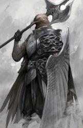 1boy armor beak bird_boy breastplate commentary elden_ring elden_ring_nightreign english_commentary guardian_(elden_ring) highres holding holding_polearm holding_shield holding_weapon junjiuk male_focus polearm shield shoulder_armor solo standing weapon