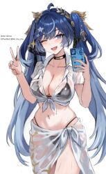 Rule 34 | 1girl, ahoge, aimu (angry9565), alternate costume, bikini, black bikini, black choker, blue eyes, blue hair, breasts, cellphone, choker, cleavage, collarbone, collared shirt, commentary, cowboy shot, fingernails, gradient hair, hair belt, hair ornament, hands up, head wreath, highres, holding, holding phone, iuno (wuthering waves), large breasts, long hair, looking at viewer, multicolored hair, navel, one eye closed, open mouth, phone, sailor collar, shirt, simple background, smartphone, smile, solo, stomach, streaked hair, swimsuit, thighs, tied shirt, twintails, v, very long hair, wet, wet clothes, wet shirt, white background, white sailor collar, wuthering waves