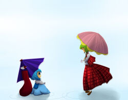 Rule 34 | 2000s (style), 2girls, blue background, blue eyes, blue hair, blue skirt, blue vest, brown shoes, closed mouth, crying, crying with eyes open, full body, green hair, karakasa obake, kazami yuuka, long sleeves, looking at another, multiple girls, nawo (peace), open clothes, open vest, parasol, pink umbrella, plaid clothes, plaid skirt, plaid vest, profile, purple umbrella, red eyes, red skirt, red vest, ripples, shirt, shoes, short hair, sitting, skirt, skirt set, socks, standing, tatara kogasa, tears, tongue, touhou, umbrella, vest, white shirt, white socks
