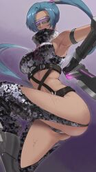 1girl absurdres android armlet armpits ass belt blue_hair breasts brute_(girls&#039;_frontline) camouflage covered_eyes dark-skinned_female dark_skin detached_pants digital_camouflage dual_wielding expressionless girls&#039;_frontline head-mounted_display high_collar highres holding holding_knife jewelry knife long_hair metal_gloves midriff navel sangvis_ferri saturndxy side_ponytail skindentation sweat