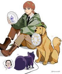 Rule 34 | 2boys, artist name, beret, boots, brown hair, collared shirt, commentary request, dog, frisbee, green eyes, green hat, gundam, gundam gquuuuuux, gyan (gquuuuuux), hat, highres, horocca, jacket, jezzi, leash, male focus, mole, mole under mouth, multicolored eyes, multiple boys, necktie, on ground, pants, pomeranian (dog), purple eyes, shirt, simple background, sitting, twitter username, two-tone eyes, white background, white shirt, xavier olivette