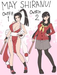 2girls amagi_yukiko black_hair black_pantyhose blunt_bangs breasts cardigan cleavage crossover full_body bad_tag bad_tag hand_fan hand_on_own_hip high_ponytail highres houndstooth koshimizu_ami kurosususu loafers long_hair looking_at_viewer miniskirt multiple_crossover multiple_girls ninja pantyhose persona persona_4 pleated_skirt ponytail revealing_clothes rope sailor shimenawa shiranui_mai shoes skirt smile street_fighter street_fighter_6 the_king_of_fighters very_long_hair voice_actor_connection