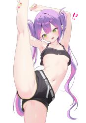 Rule 34 | !?, 1girl, absurdres, black shorts, black tank top, blush, breasts, collarbone, fingernails, green nails, highres, hololive, leg up, long hair, looking down, multicolored hair, nail polish, navel, nekonosuke, open mouth, pink hair, pink nails, purple hair, shorts, simple background, smile, solo, split, standing, standing on one leg, standing split, stomach, tank top, thighs, tokoyami towa, twintails, two-tone hair, very long hair, virtual youtuber, white background