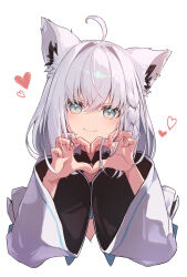 1girl ahoge animal_ear_fluff animal_ear_piercing animal_ears annin_oekaki braid closed_mouth commentary crossed_bangs english_commentary extra_ears four-finger_heart_hands fox_ears fox_girl hair_between_eyes heart heart_hands highres hololive long_hair looking_at_viewer low_ponytail ponytail shirakami_fubuki shirakami_fubuki_(1st_costume) side_braid simple_background single_braid smile solo upper_body virtual_youtuber white_background white_hair white_sleeves wide_sleeves