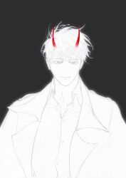 1boy coat collared_shirt color_contrast demon_horns glowing hair_flowing_over highres horns kim_dokja looking_at_viewer male_focus omniscient_reader&#039;s_viewpoint raya_(000_unseen) red_eyes shirt short_hair smile solo spot_color upper_body white_coat white_hair white_shirt