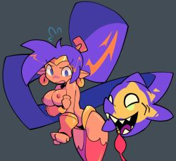 Rule 34 | 1girl, annoyed, arm under breasts, bacun, bare shoulders, big hair, blue pupils, bra, bracer, breasts, circlet, clothes theft, cowboy shot, dark-skinned female, dark skin, earrings, flying sweatdrops, grey background, hair ornament, high ponytail, highres, holding, holding bra, holding own arm, holding underwear, holding unworn clothes, hoop earrings, jewelry, living hair, long hair, medium breasts, nipples, pants, pointy ears, ponytail, purple hair, red bra, red pants, shantae, shantae (series), shark, sharp teeth, solo, teeth, theft, thighs, topless female, torn clothes, torn pants, underwear, underwear theft, very long hair, yellow eyes