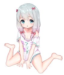 1girl absurdres barefoot blue_eyes bow clothes_writing covering_privates covering_crotch eromanga_sensei feet hair_bow highres izumi_sagiri legs long_hair monmo_mu no_pants off_shoulder open_mouth ribbon shirt shirt_tug short_sleeves silver_hair simple_background sitting solo spread_legs t-shirt thighs toes white_background white_shirt