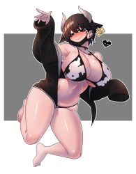 Rule 34 | 1girl, animal ears, animal print, bikini, black hair, breasts, cow ears, cow horns, cow print, cow print bikini, gintm, highres, horns, large breasts, looking at viewer, navel, open clothes, original, print bikini, short hair, solo, swimsuit, thighs