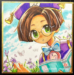 Rule 34 | 1boy, blue bow, blue bowtie, blue sky, blunt ends, book, border, bow, bowtie, brown hair, bug, butterfly, clock, closed mouth, cloud, day, dot nose, dutch angle, expressionless, falling petals, field, flower, glasses, gold trim, gradient border, grass, green eyes, hat, hat tassel, holding, holding book, insect, jacket, klug (puyopuyo), looking at viewer, male focus, motimoti mgmg, open book, open hand, outdoors, petals, purple flower, purple hat, purple jacket, purple petals, puyopuyo, round eyewear, semi-rimless eyewear, short hair, side part, sky, solo, traditional bowtie, traditional media, under-rim eyewear, upper body, wind, yellow border
