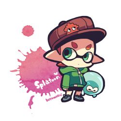 1boy arms_at_sides black_shorts brown_headwear chibi chibi_only closed_mouth copyright_request full_body green_eyes green_jacket grey_footwear hood hooded_jacket inkling inkling_boy inkling_player_character jacket jellyfish kotorai lowres male_focus nintendo no_nose orange_hair paint_splatter pointy_ears short_hair shorts sideburns signature solo splatoon_(series) splatoon_1 white_background