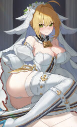 1girl absurdres ahoge ass bell blonde_hair blush boots breasts bridal_veil closed_mouth detached_collar detached_sleeves dress fate/grand_order fate_(series) female_focus full_body green_eyes highres kiyoi_(gyhw8444) large_breasts lying neck_bell nero_claudius_(bride)_(fate) nero_claudius_(fate) on_side puffy_sleeves smile solo thigh_boots thighhighs tile_floor tiles veil white_dress white_thighhighs zipper_pull_tab