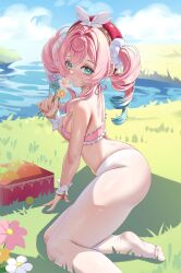 1girl absurdres bare_shoulders beret blue_hair blue_sky blush bra breasts commentary_request drill_hair flower gradient_hair green_eyes hat highres holding holding_flower honkai:_star_rail honkai_(series) hyacine_(honkai:_star_rail) kururu_(qqqqq59508750) long_hair looking_at_viewer medium_breasts multicolored_hair on_grass outdoors paid_reward_available pantyhose pink_bra pink_hair red_hat side_ponytail sitting sky soles solo twin_drills twintails two-tone_hair underwear water white_pantyhose wrist_wrap yokozuwari