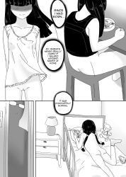 ass bare_arms bare_shoulders bed bedroom blunt_bangs blush bottomless cleft_of_venus doujinshi english_text hair_over_eyes highres loli lying multiple_views nightgown nude on_stomach pussy sitting sleeveless socks speech_bubble stuffed_animal stuffed_toy teddy_bear twintails