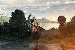 1girl alternate_costume bag blue_sailor_collar blue_skirt blue_sky building closed_mouth cloud cloudy_sky commentary_request full_body fuuga_(perv_rsity) green_eyes green_hair hair_between_eyes highres kochiya_sanae lake lake_suwa long_hair looking_at_viewer mountain nagano_prefecture neckerchief outdoors photo_background pleated_skirt power_lines real_world_location red_neckerchief sailor_collar sailor_shirt school_uniform shirt short_sleeves sign skirt sky smile socks solo standing touhou tree utility_pole white_shirt white_socks