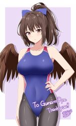 1girl aburamushi_eve_(gunarmdyne) black_pantyhose blue_bow border bow breasts brown_eyes brown_hair brown_wings collarbone commission commissioner_upload competition_swimsuit covered_navel cropped_legs expressionless hair_bow hand_on_own_hip high_ponytail highleg highleg_one-piece_swimsuit highres large_breasts one-piece_swimsuit original pantyhose pantyhose_under_swimsuit ponytail rise_(rise19851203) skeb_commission solo swimsuit touhou two-tone_one-piece_swimsuit white_border wings