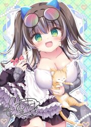 1girl animal animal_ears black_hair black_skirt blush bow breasts cat cat_ears cleavage collarbone dress eyewear_on_head fake_animal_ears green_eyes grey_jacket highres holding holding_animal holding_cat jacket large_breasts long_hair looking_at_viewer mole mole_on_breast open_clothes open_jacket open_mouth original shirt skirt smile sunglasses white_shirt yukimura_usagi
