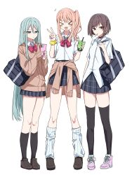 &gt;_&lt; 1other 2girls :&lt; :3 :d akita_neru akita_neru_(cosplay) akiyama_mizuki bag bare_legs black_choker black_skirt black_socks black_thighhighs blue_eyes blue_hair blush_stickers bob_cut bow bowtie braid brown_eyes brown_footwear brown_hair bubble_tea cardigan cellphone choker closed_eyes clothes_around_waist collared_shirt cosplay cup disposable_cup drink drinking_straw fang food food_in_mouth frown full_body gyaru hakuu_pi half-closed_eyes hashtag-only_commentary hatsune_miku hatsune_miku_(cosplay) highres holding holding_bag holding_cup holding_drink holding_phone jacket kasane_teto kasane_teto_(cosplay) kogal legs_apart light_blue_hair loafers long_hair looking_at_viewer loose_socks miniskirt multiple_girls nail_polish open_mouth phone pink_nails pink_shoes pleated_skirt pocky pocky_in_mouth project_sekai red_bow red_bowtie school_bag school_uniform scrunchie shinonome_ena shirt shoes short_hair short_sleeves shorts shoulder_bag side_braid sidelocks simple_background skirt smartphone smile socks standing sweater sweater_around_waist swept_bangs thighhighs triple_ryuunen untucked_shirt v very_long_hair white_background white_socks yellow_scrunchie yoisaki_kanade zettai_ryouiki
