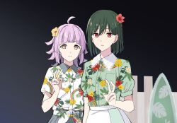 2girls ahoge arched_bangs bent_v black_background black_skirt blunt_ends bob_cut breast_pocket collared_shirt commentary dress_shirt expressionless floral_print floral_print_shirt flower green_hair green_shirt hair_between_eyes hair_flower hair_ornament hawaiian_shirt hibiscus_print kishimen_hair koizumi_moeka light_frown love_live! love_live!_nijigasaki_high_school_idol_club medium_hair mifune_shioriko multiple_girls official_alternate_costume orange_eyes pineapple_print pink_hair pocket print_shirt red_flower sen&#039;yuu_yuuji shirt skirt symbol-only_commentary tanaka_chiemi tennoji_rina tied_shirt upper_body v voice_actor_connection white_shirt white_skirt yellow_eyes yellow_flower