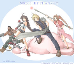 00s 2000s 2boys 2girls aerith_gainsborough anti-materiel_rifle arm_tattoo armor bare_legs barrett_m82 beard black_hair blonde_hair blue_background blue_pants blue_shirt boots bracelet braid breasts brown_boots brown_hair brown_shoes brown_vest buster_sword cait_sith_(final_fantasy) cape cat cloud_strife cropped_jacket crown dress elbow_pads facial_hair fighting_stance final_fantasy final_fantasy_vii fingerless_gloves gloves green_pants gun hair_ribbon holding holding_sword holding_weapon jacket jewelry long_dress long_hair low-tied_long_hair materia megaphone midriff miniskirt mog moogle multicolored_fur multiple_boys multiple_girls navel necklace open_mouth pants parted_bangs pink_dress pink_ribbon red_boots red_cape red_jacket rendezvous ribbon rifle shirt shoes shoulder_armor sidelocks skirt sleeveless sleeveless_turtleneck sniper_rifle spiked_hair square_enix staff suspender_skirt suspenders sword tattoo tifa_lockhart turtleneck vest weapon white_shirt